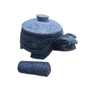 Molcajete Tortuga 8”/20CM Piedra Negra Volcánica Con Tapa 850ML Diseño Premium
